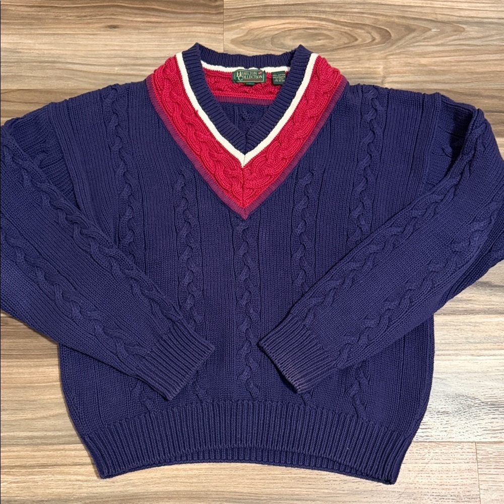 VTG Hamilton Collection Tennis Sweater Women’s Sz. L Cotton Varsity Cable Vneck